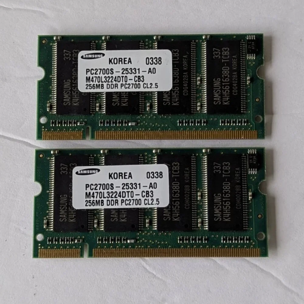 Two Samsung 256MB DDR PC2700S-25331-A0 333MHz  Memory M470L3224DT0-CB3 SoDimm